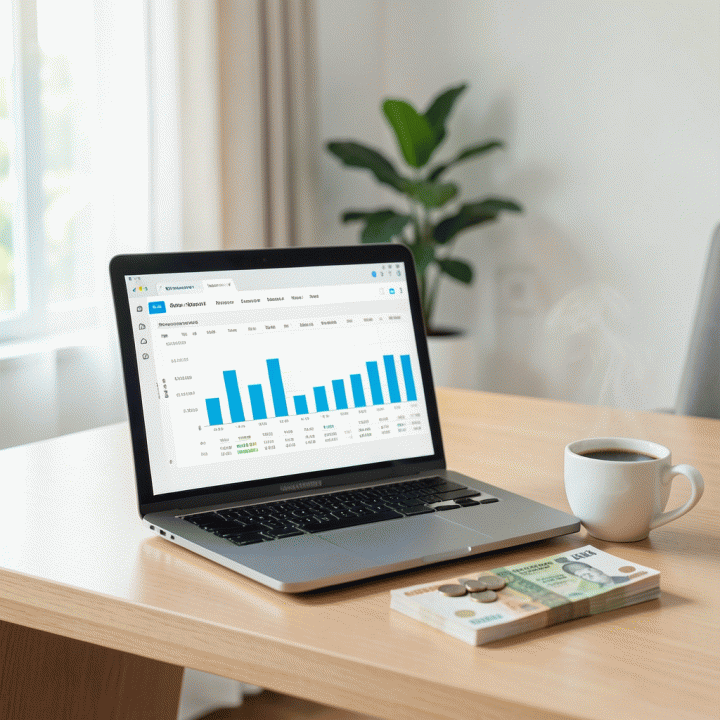 Pengaturan meja kerja yang minimalis dan modern di Indonesia, menampilkan laptop dengan spreadsheet keuangan yang terorganisir dan uang tunai Rupiah, melambangkan perencanaan anggaran yang cerdas.