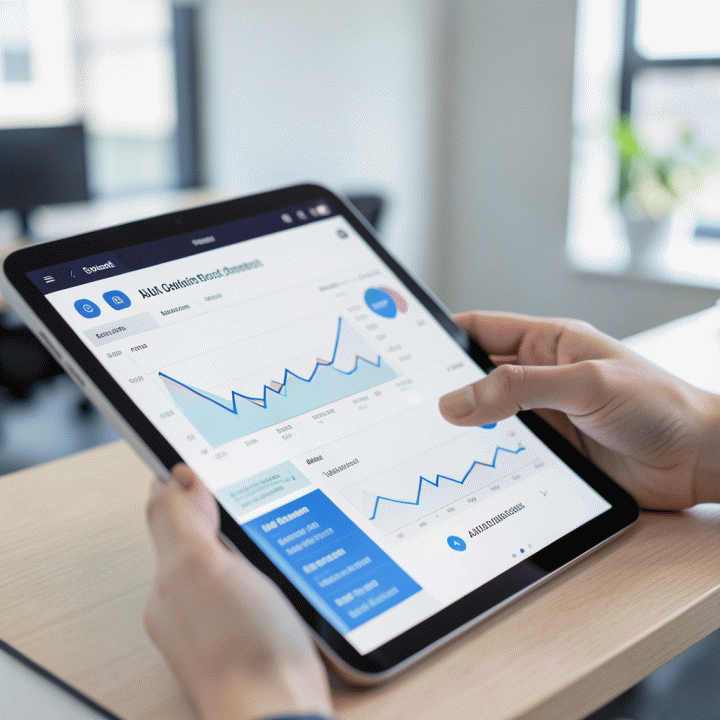 Hand interacting with a tablet showing sales data analytics and AI recommendations for business optimization.