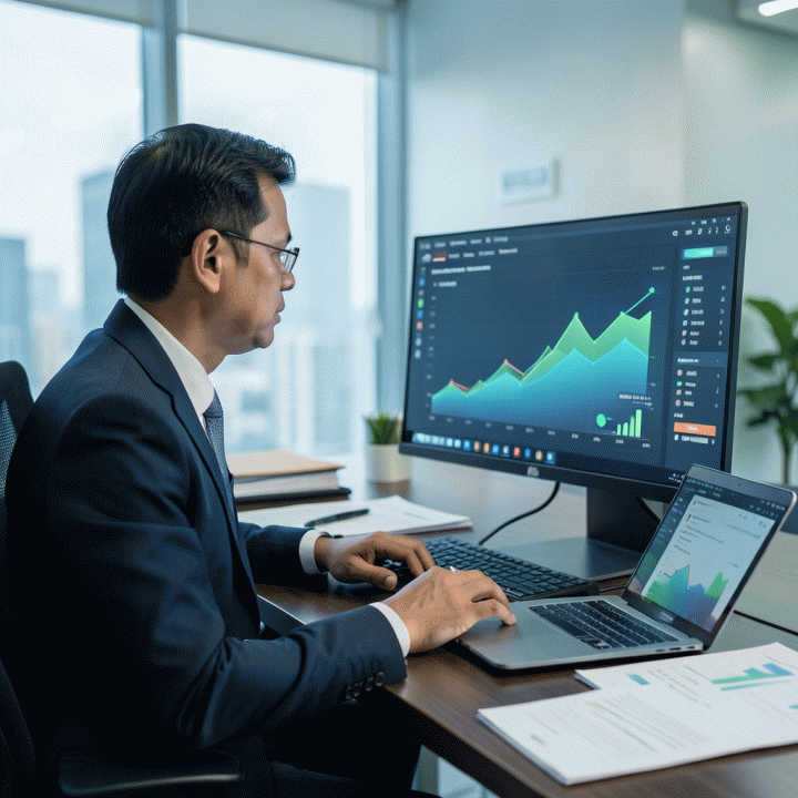 Seorang profesional Indonesia di depan workstation yang menampilkan dashboard analitik data pertumbuhan bisnis yang canggih dan profesional, melambangkan pengambilan keputusan berbasis data untuk sukses di Shopee.