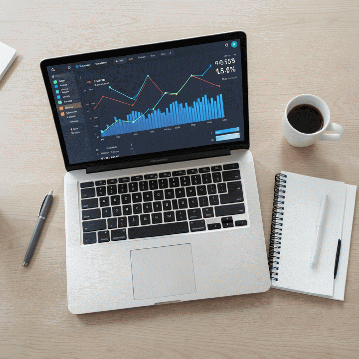 Tampilan atas meja kerja berisi laptop dan dashboard analitik abstrak, melambangkan alat bantu analisis data komprehensif.