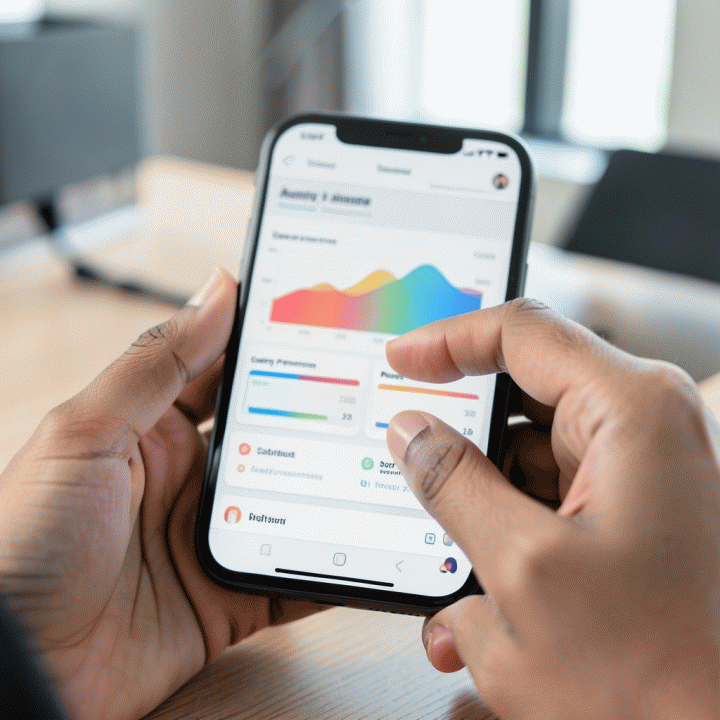 Tangan yang sedang berinteraksi dengan dashboard analitik e-commerce di smartphone, menampilkan tren penjualan dan data bisnis yang kompleks secara visual.