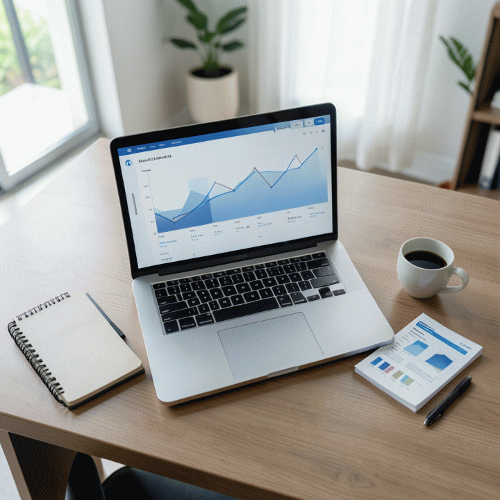 Meja kerja minimalis di rumah dengan laptop menampilkan dashboard analitik bisnis, melambangkan perencanaan strategis dan optimasi bisnis.