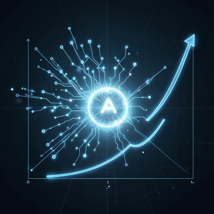 Visualisasi konseptual AI yang mengubah data mentah menjadi pertumbuhan bisnis yang teroptimasi.
