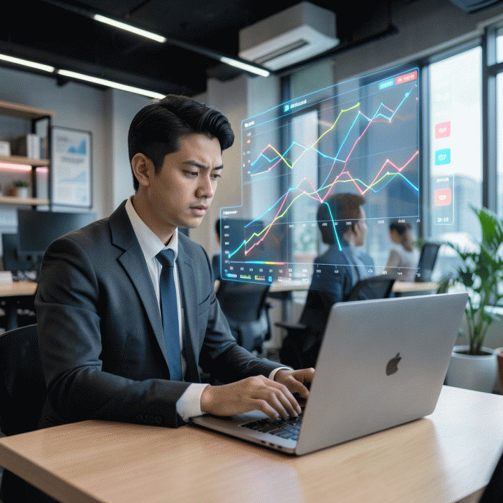 Seorang profesional muda Indonesia sedang menganalisis dashboard data futuristik di laptop, menunjukkan optimasi bisnis e-commerce menggunakan analitik canggih.