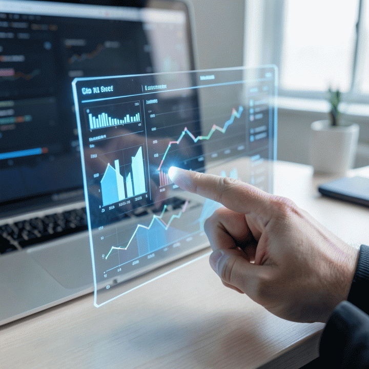Tangan yang menganalisis data e-commerce yang ditampilkan dalam antarmuka holografik canggih.