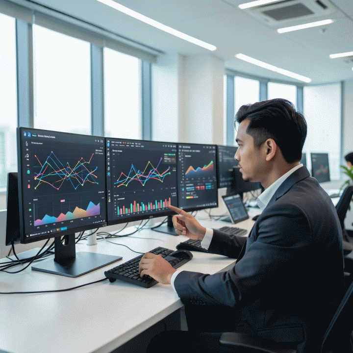 Seorang pengusaha Indonesia profesional di ruang kerja modern sedang menganalisis dashboard analitik e-commerce yang canggih di monitor, menunjukkan data pertumbuhan dan strategi bisnis.