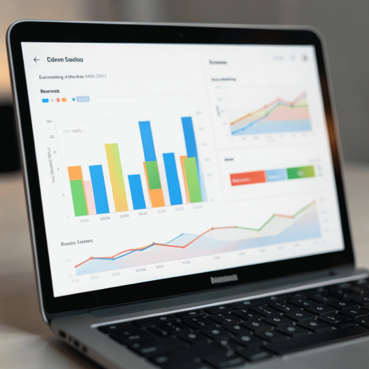 Tampilan layar laptop yang menampilkan dashboard analitik e-commerce yang bersih dan berwarna, menyoroti grafik tren penjualan dan rekomendasi AI.