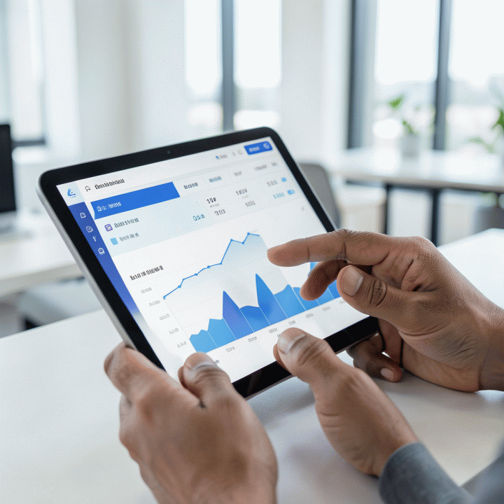 Tangan profesional yang menganalisis data performa e-commerce di tablet, menunjukkan kemudahan penggunaan alat analitik bisnis.