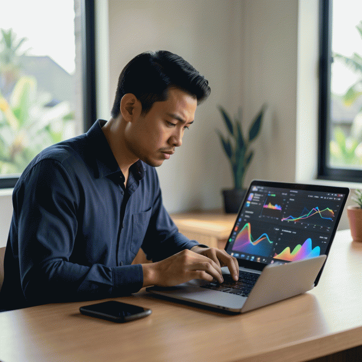 Seorang pengusaha Indonesia yang fokus menganalisis data performa bisnis di laptop, melambangkan optimasi e-commerce menggunakan alat analitik.