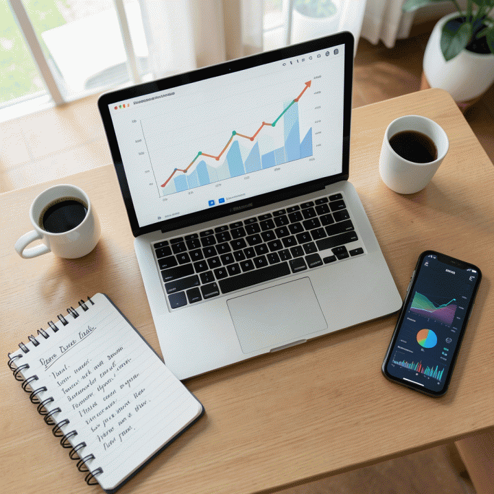 Meja kerja yang terorganisir dengan laptop menampilkan grafik pertumbuhan data, melambangkan strategi bisnis yang terencana.