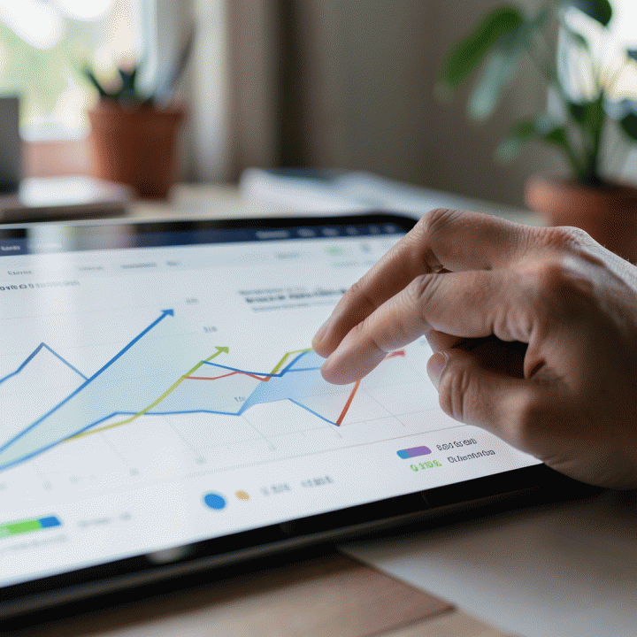 Tangan yang sedang menganalisis dan mengoptimasi data penjualan e-commerce pada tablet, menunjukkan peningkatan performa bisnis.
