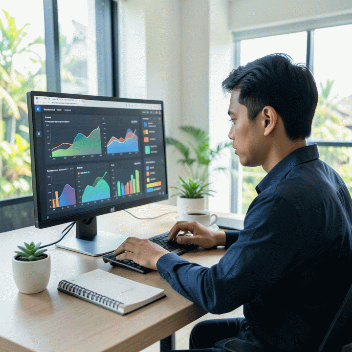Seorang pengusaha muda Indonesia yang fokus menganalisis data bisnis e-commerce di layar monitor modern, menunjukkan optimasi strategi bisnis secara digital.