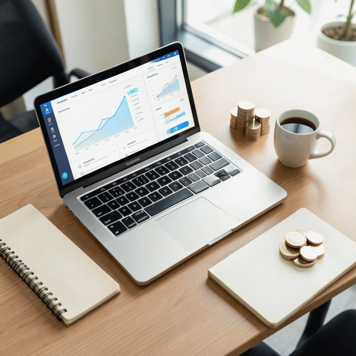 Pandangan atas meja kerja yang rapi, menampilkan laptop dengan dashboard analitik bisnis dan elemen-elemen perencanaan strategi.