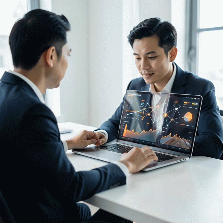 Seorang pengusaha profesional di Indonesia meninjau dashboard analitik data e-commerce yang kompleks dan canggih di laptop, melambangkan optimasi bisnis Shopee.