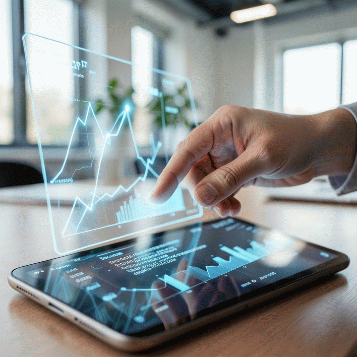 Tangan yang berinteraksi dengan proyeksi data holografik yang menunjukkan tren penjualan e-commerce.