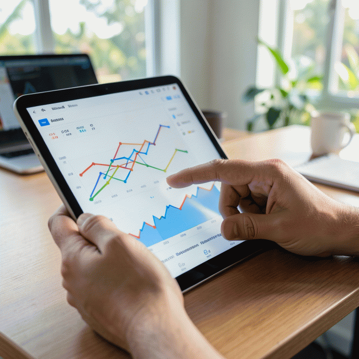 Tangan seorang pengguna yang berinteraksi dengan dashboard analitik e-commerce di tablet, menunjukkan proses optimasi data.