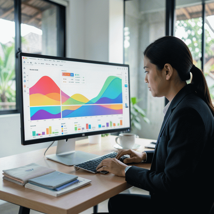 Seorang penjual e-commerce profesional di Indonesia yang sedang menganalisis data performa toko online menggunakan dashboard analitik di monitor komputer, melambangkan optimasi bisnis.