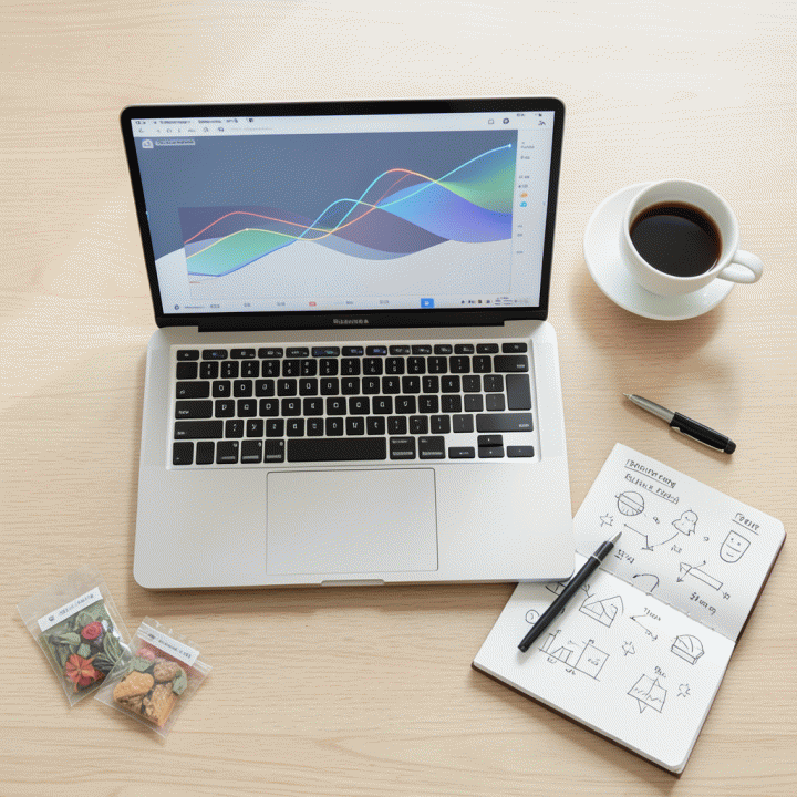 Meja kerja yang terorganisir berisi laptop dengan visualisasi data dan alat tulis, melambangkan perencanaan dan optimasi bisnis.