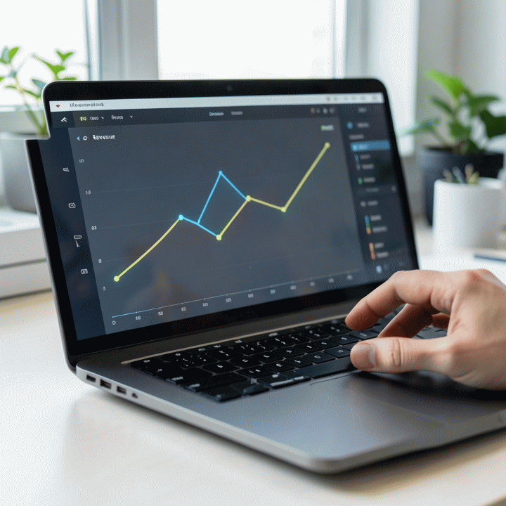 Tampilan dasbor analitik e-commerce pada laptop, membandingkan grafik pendapatan (revenue) yang besar dengan grafik profitabilitas (profit) yang lebih fokus, menunjukkan fokus pada efisiensi biaya.