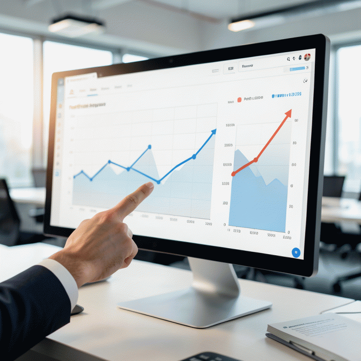 Tangan profesional menunjuk ke dasbor analitik e-commerce yang menampilkan grafik pertumbuhan profitabilitas, menunjukkan analisis data yang mendalam untuk strategi bisnis.