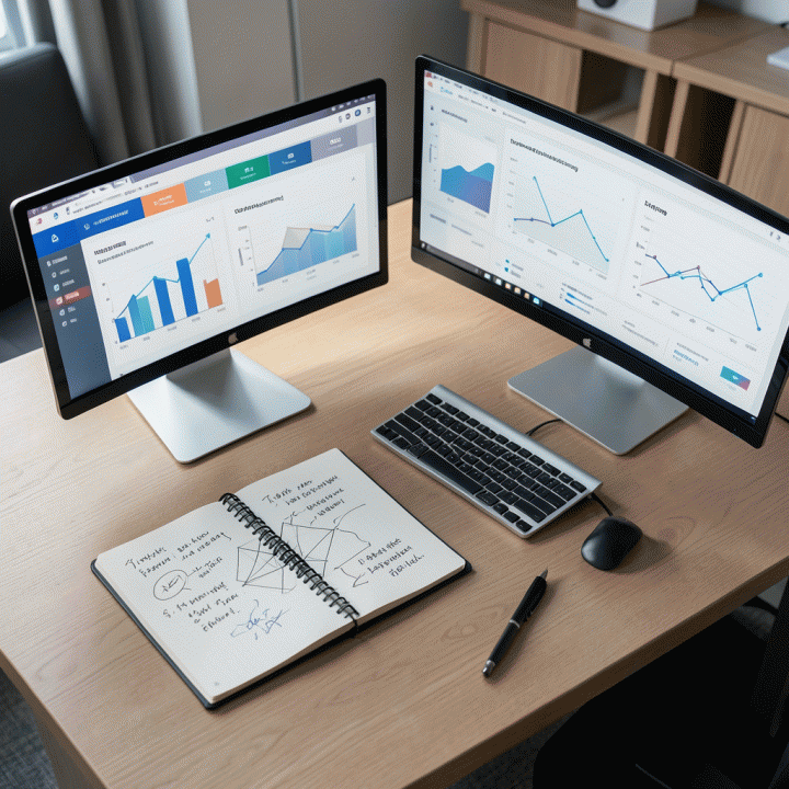Tampilan meja kerja yang rapi dengan monitor yang menampilkan berbagai visualisasi data analitik e-commerce, menyimbolkan perencanaan strategis dan optimasi bisnis.