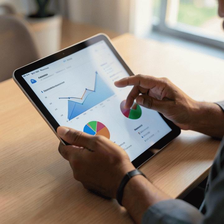 Tangan seseorang sedang menganalisis data bisnis e-commerce pada tablet, menunjukkan grafik peningkatan performa.