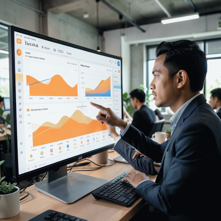 Seorang profesional Indonesia sedang menganalisis data penjualan e-commerce di dashboard analitik modern, menunjukkan transformasi data menjadi keuntungan bisnis.