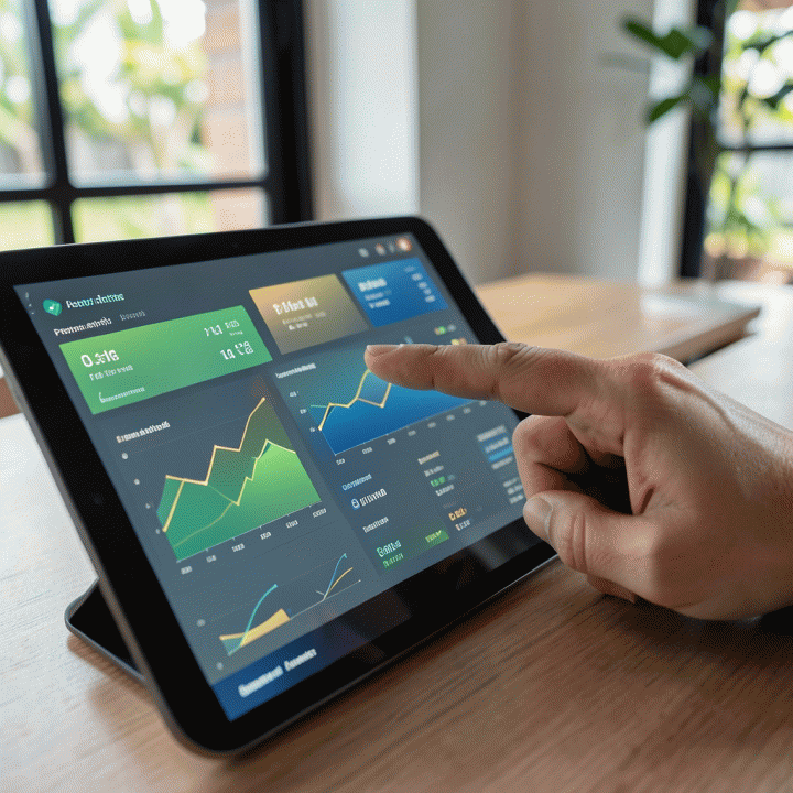Tangan menunjuk ke bagian spesifik dari dashboard analitik digital yang menampilkan tren penjualan dan margin keuntungan yang dioptimalkan, menandakan wawasan bisnis.