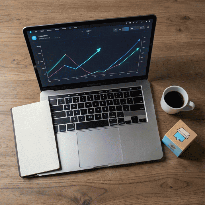 Tampilan atas meja kerja modern yang menampilkan laptop dengan dashboard analitik yang menunjukkan tren kenaikan penjualan, dikelilingi perlengkapan kerja yang rapi.