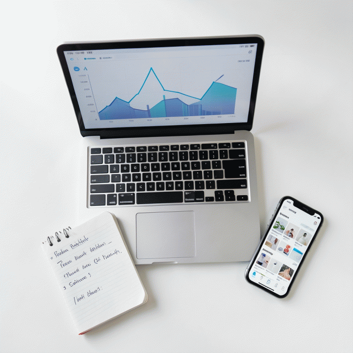 Tata letak meja kerja yang menunjukkan kombinasi alat bisnis dan perencanaan strategis untuk optimasi toko online.