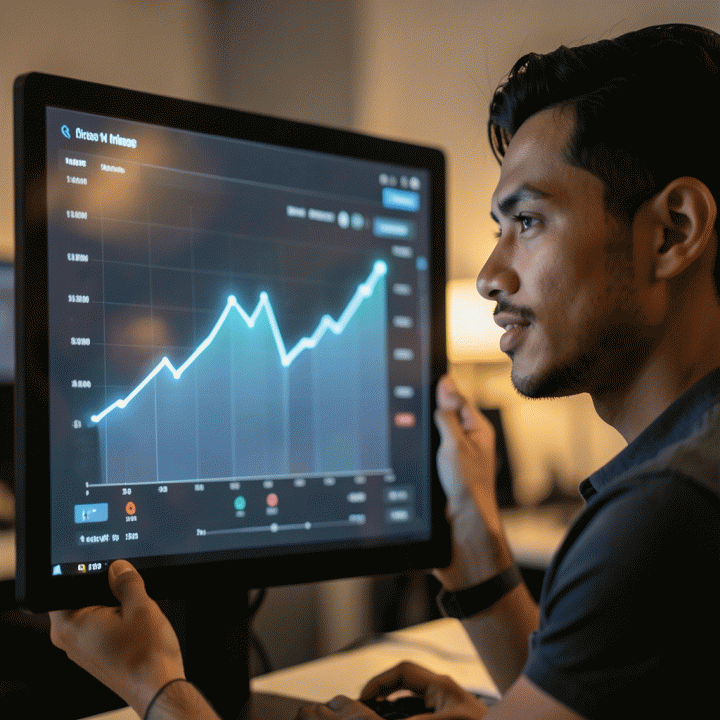 Seller e-commerce melihat data analitik yang menunjukkan pertumbuhan bisnis yang positif.