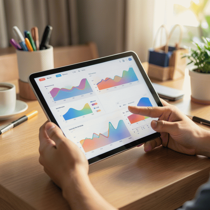 Tangan profesional sedang menganalisis dashboard analitik bisnis di tablet, melambangkan optimasi toko online.