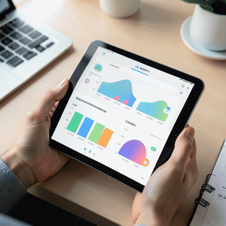 Tangan profesional sedang menggunakan tablet untuk mengelola dan menganalisis data performa toko online di lingkungan kerja modern.