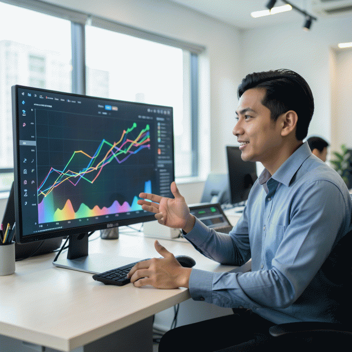 Seorang penjual e-commerce Indonesia profesional sedang menganalisis data bisnis kompleks dan grafis di monitor besar, menunjukkan optimasi toko online yang berhasil.