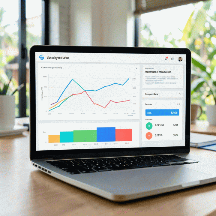 Tampilan dashboard analitik bisnis di laptop yang menunjukkan grafik dan data penjualan e-commerce yang terstruktur dan mudah dipahami.