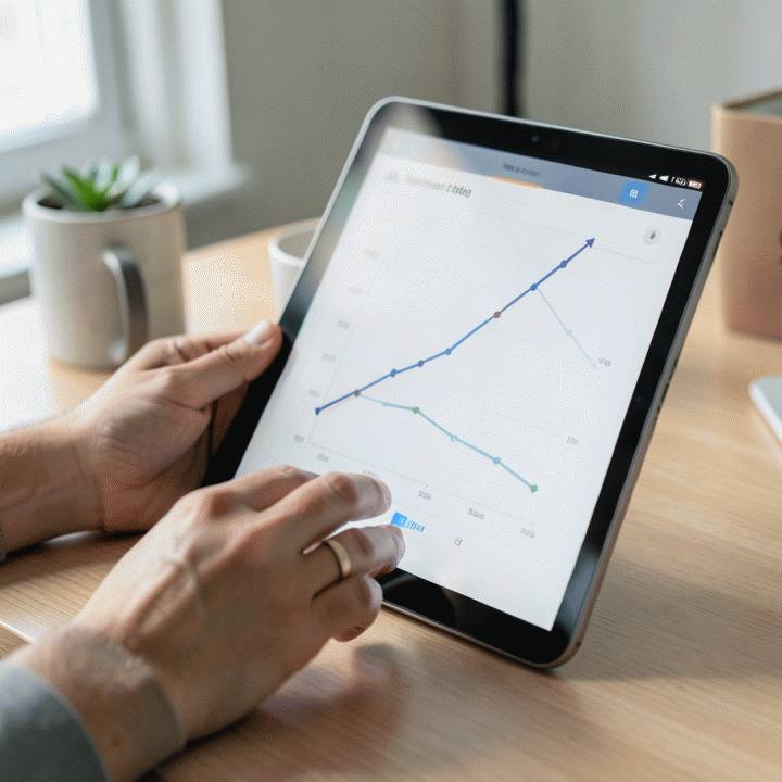 Tangan menganalisis data performa toko di dashboard analitik pada tablet, menunjukkan peningkatan omzet.