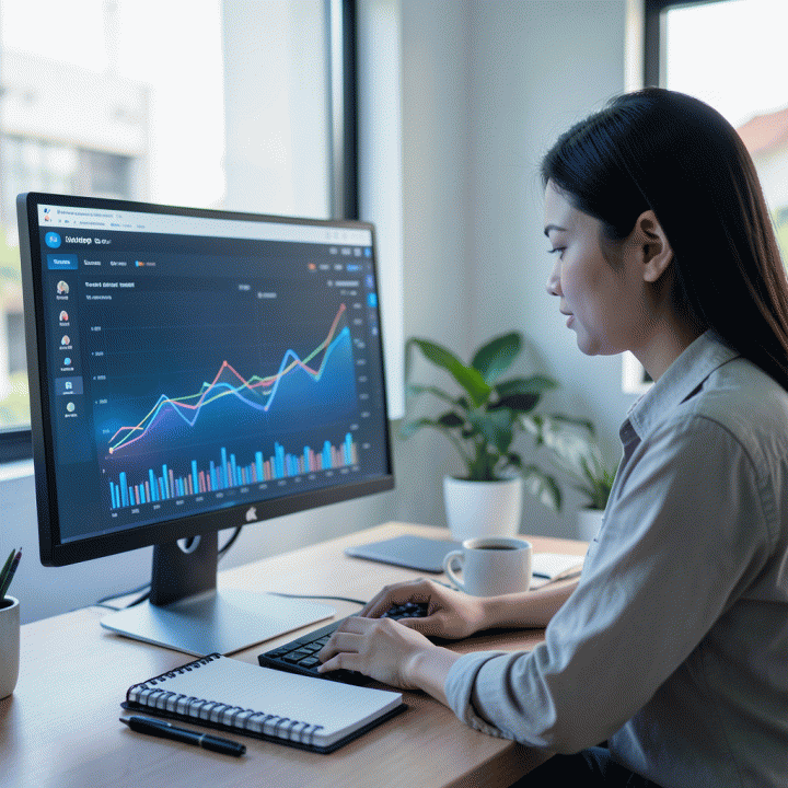 Seorang seller e-commerce profesional di Indonesia sedang menganalisis data bisnis di dashboard analitik modern, melambangkan optimasi toko Shopee.