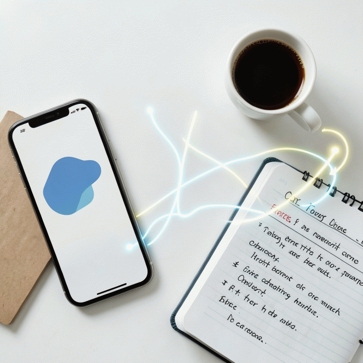 Tampilan atas berbagai alat bantu bisnis seperti smartphone dan buku catatan, melambangkan perencanaan optimasi bisnis secara menyeluruh.