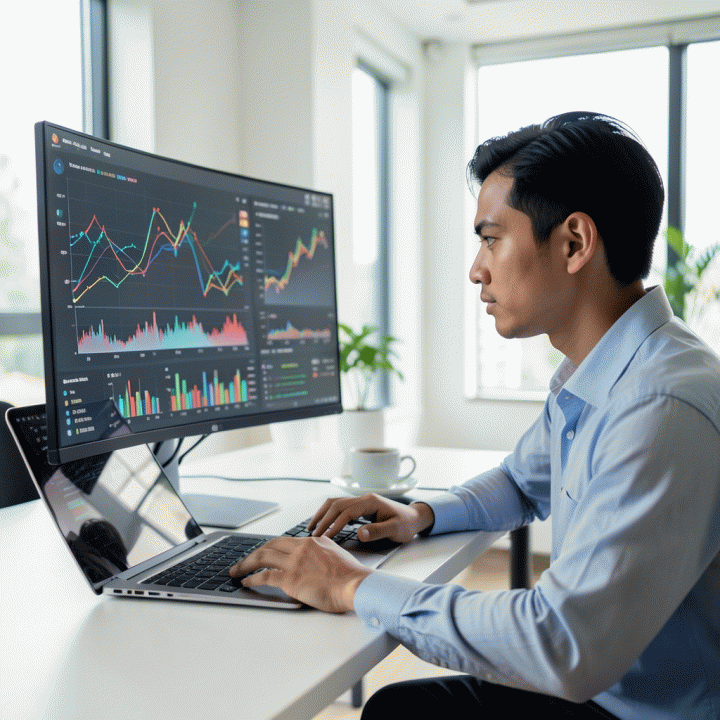 Seorang penjual e-commerce Indonesia yang profesional dan fokus menganalisis data analitik kompleks pada monitor besar, melambangkan optimasi bisnis dengan data.