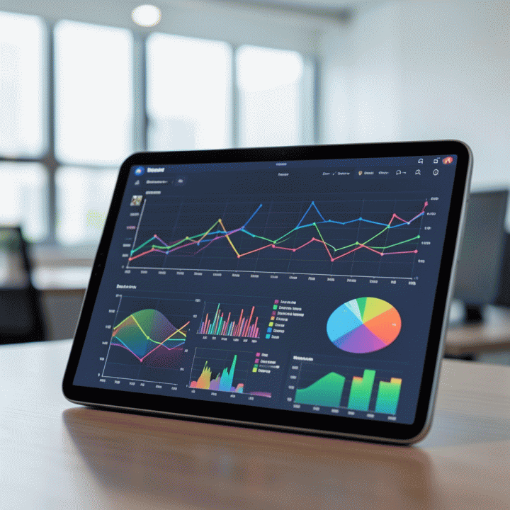Tampilan data analitik e-commerce yang kompleks dan informatif pada tablet, menunjukkan tren penjualan dan potensi pertumbuhan bisnis.