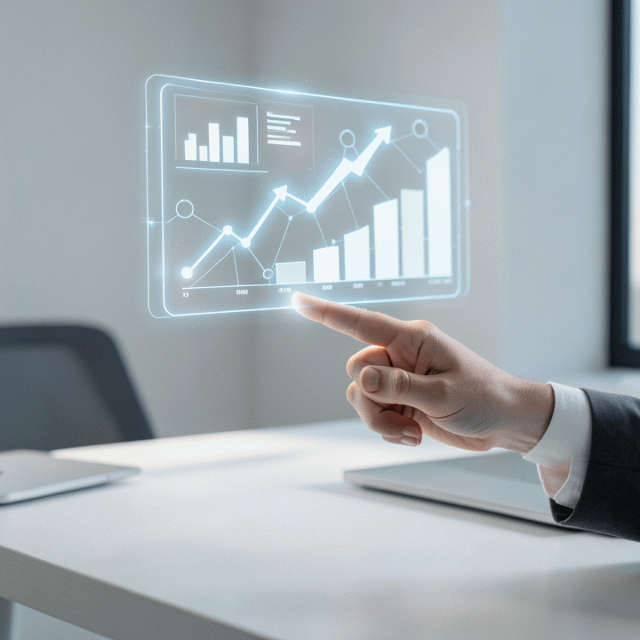 Visualisasi data bisnis holografik yang menunjukkan pertumbuhan dan strategi optimalisasi e-commerce.