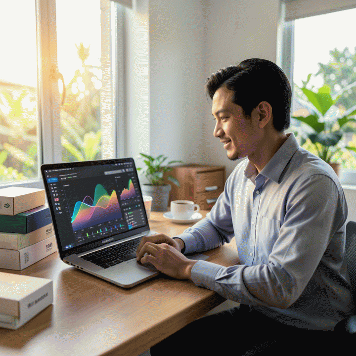 Seorang penjual e-commerce sukses di Indonesia menggunakan laptop dengan antarmuka analitik data yang menunjukkan pertumbuhan bisnis yang terukur.