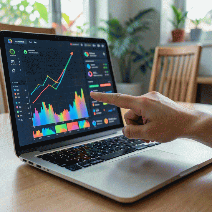 Tangan menunjuk pada dashboard analitik data di laptop, menunjukkan analisis mendalam untuk optimasi bisnis.