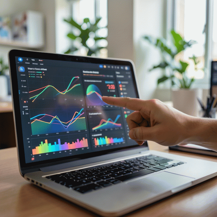 Tangan yang menunjuk ke dashboard analitik data yang rumit dan berwarna pada laptop, menunjukkan analisis mendalam.