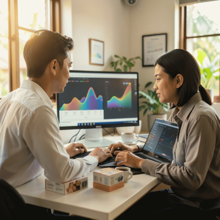 Seorang pemilik usaha kecil Indonesia yang profesional sedang bekerja di meja modern, menganalisis data penjualan di layar komputer untuk mengoptimalkan bisnis e-commerce mereka.