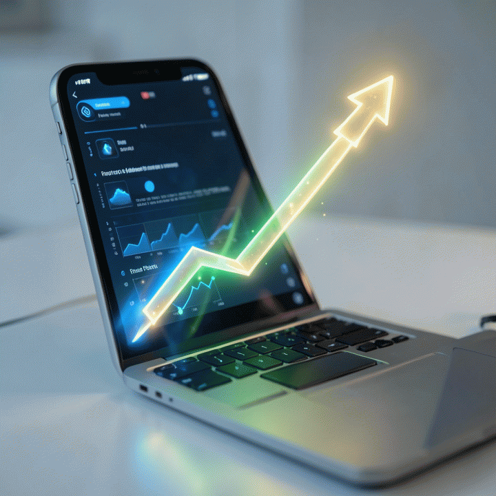 Visualisasi data yang mengalir dan menunjukkan pertumbuhan bisnis yang signifikan dari penggunaan alat analitik.