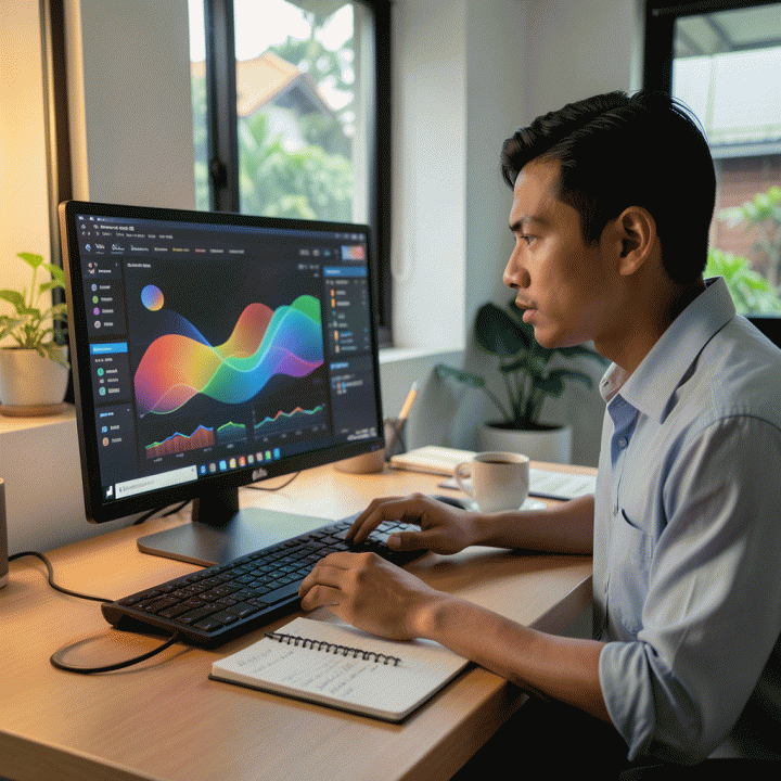 Seorang pengusaha muda Indonesia yang profesional sedang menganalisis data tren penjualan e-commerce pada layar monitor di meja kerjanya yang modern.