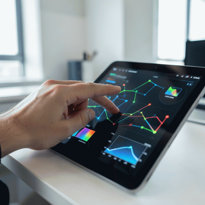 Tangan yang sedang menganalisis dashboard data penjualan di tablet, menunjukkan visualisasi tren yang kompleks.