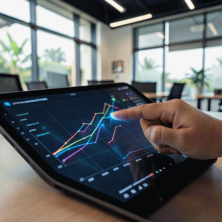 Tangan seorang profesional yang menunjuk pada grafik data analitik yang menunjukkan tren pertumbuhan penjualan yang positif dan terstruktur.