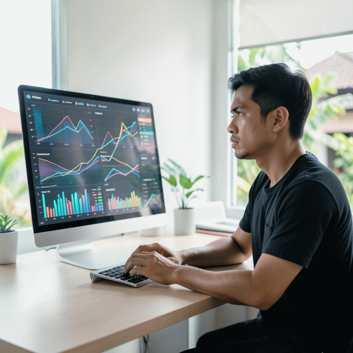 Seorang penjual e-commerce profesional di Indonesia sedang menganalisis data penjualan kompleks pada dashboard digital yang canggih di mejanya, melambangkan perencanaan bisnis strategis.